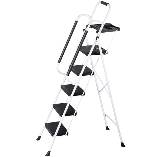 Segawe 5 Step Ladder Folding Steel Step Stoo w/Non-Slip Wide Pedal and Tool Tray White