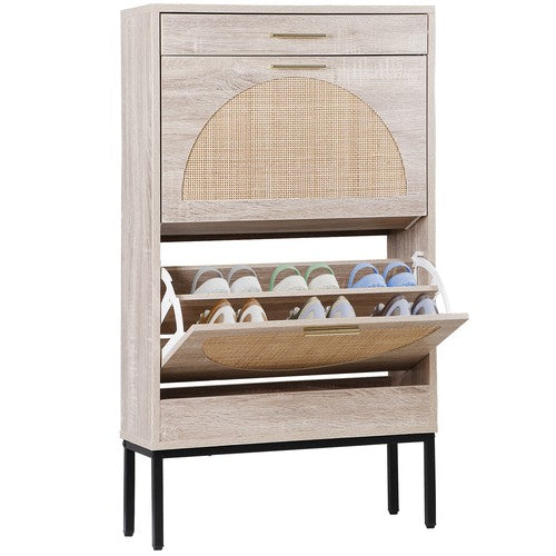 Segawe Shoe Storage Cabinet Shoe Rack Organizer with 2 Rattan Flip Drawers & Metal Legs