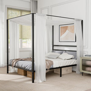 Segawe Metal Canopy Platform Bed Frame Queen Size Four-Poster w/Headboard Slat Support