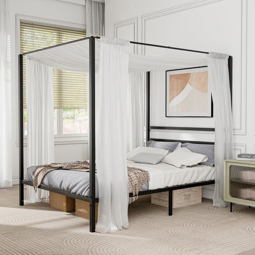 Segawe Metal Canopy Platform Bed Frame Queen Size Four-Poster w/Headboard Slat Support
