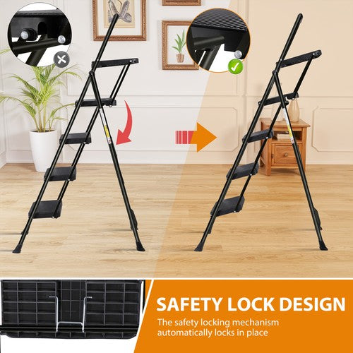 Segawe 4 Step Ladder with Tool Platform Anti-Slip Sturdy & Wide Pedal Stool 330lb Black