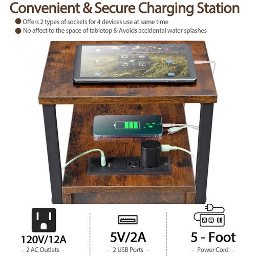 Segawe 24 inch Narrow Side End Table with Drawers and Charging Station for Living Room