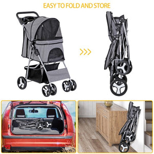 Segawe Foldable Carrier Strolling Cart 4 Wheel Pet Stroller for Dog w/ Cup Holder Gray