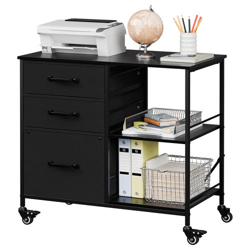 Segawe Black Mobile File Cabinet Lockable Filing Storage w/ 3 Drawers & Open Shelves