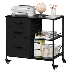 Segawe Black Mobile File Cabinet Lockable Filing Storage w/ 3 Drawers & Open Shelves