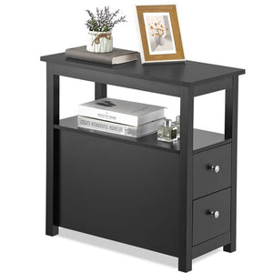 Segawe Black End Table with 2 Drawer and Open Shelf Narrow Side Table for Living Room