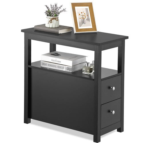 Segawe Black End Table with 2 Drawer and Open Shelf Narrow Side Table for Living Room