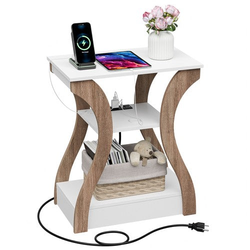 Segawe End Table 3 Tier Curved Leg Accent Sofa Table w/Charging Station USB Ports White