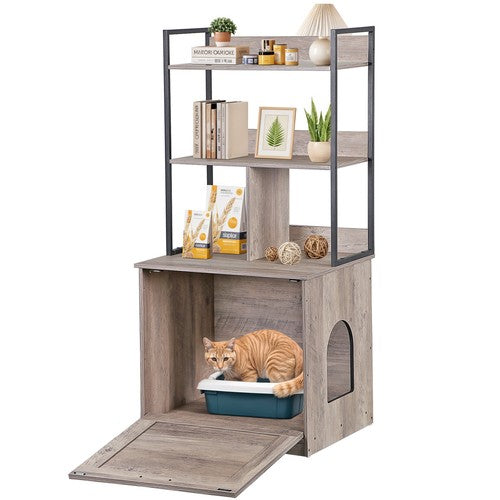 Segawe 50" Cat Litter Box Enclosure w/ Shelves 2-in-1 Hidden Litter Box Furniture Grey