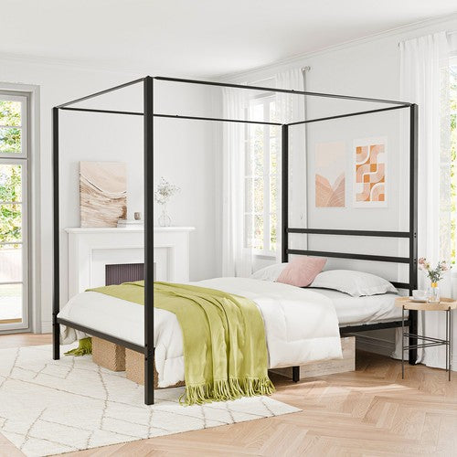 Segawe Metal Canopy Platform Bed Frame Queen Size Four-Poster w/Headboard Slat Support