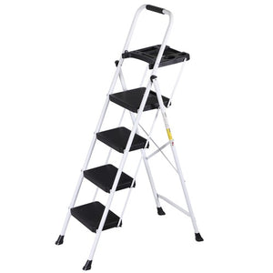 Segawe 4 Step Ladder Folding Steel Ladder with Non-Slip Wide Pedal and Tool Tray White