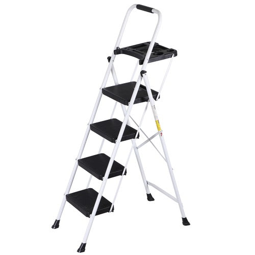 Segawe 4 Step Ladder Folding Steel Ladder with Non-Slip Wide Pedal and Tool Tray White
