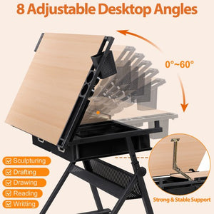 Segawe Drafting Drawing Table Tabletop Adjustable Height with Charge Outlet Natural