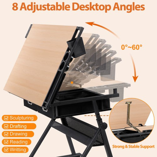 Segawe Drafting Drawing Table Tabletop Adjustable Height with Charge Outlet Natural