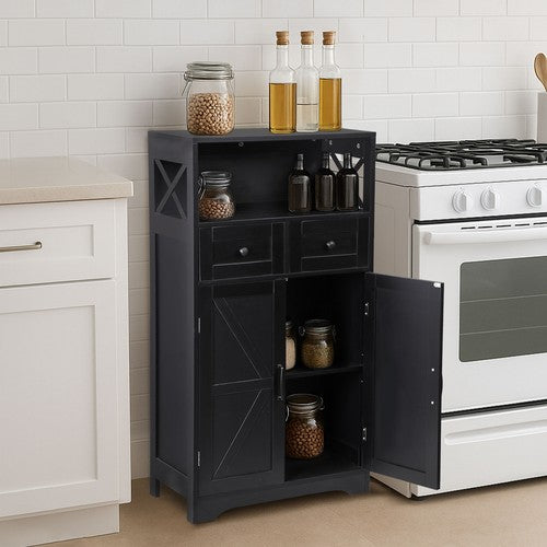 Segawe Farmhouse Storage Cabinet Bathroom Floor Cabinet Kitchen Pantry w/ Drawers Black