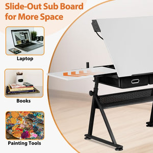 Segawe Drafting Table Drawing Adjustable Craft Desk Tabletop with Stool & Drawers White