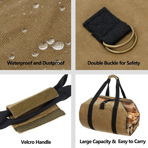 Segawe Firewood Log Carrier Bag Waxed Canvas Outdoor Log Tote Bags Camping with Strap