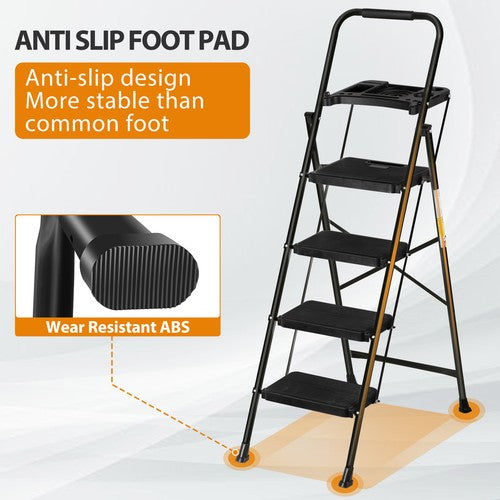 Segawe 4 Step Ladder with Tool Platform Anti-Slip Sturdy & Wide Pedal Stool 330lb Black