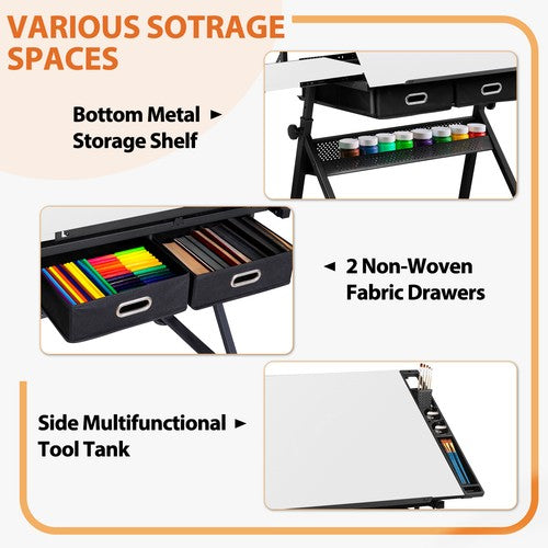 Segawe Drafting Table Drawing Adjustable Craft Desk Tabletop with Stool & Drawers White