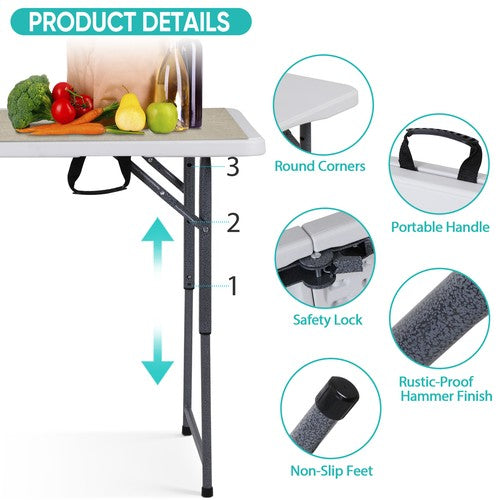 Segawe Folding Table Adjustable 4FT Plastic Table Picnic Camping w/Carry Handle White