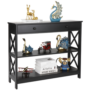 Segawe 3 Tiers Console Table w/Drawer Sofa Table Hallway Durable Storage Shelf Black