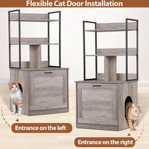 Segawe 50" Cat Litter Box Enclosure w/ Shelves 2-in-1 Hidden Litter Box Furniture Grey