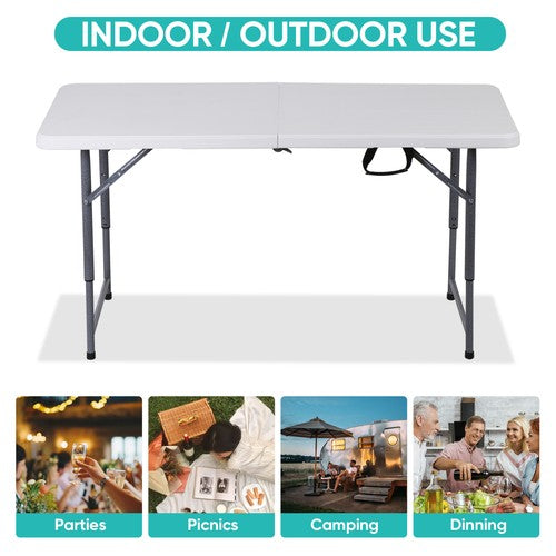 Segawe Folding Table Adjustable 4FT Plastic Table Picnic Camping w/Carry Handle White