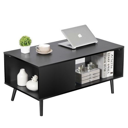 Segawe Black Coffee Table Wood Frame End Storage Stand W/ Open Storage Shelf