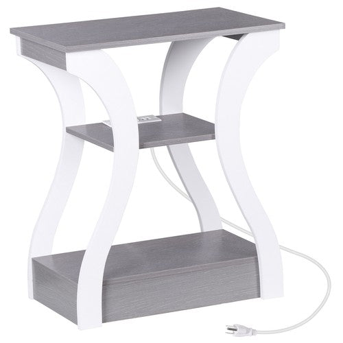 Segawe End Table with Storage Shelf and Charging Station for Living Room Gray+white