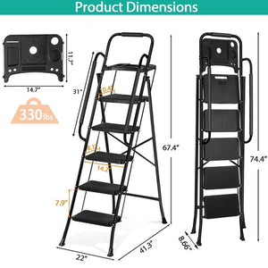 Segawe 5 Step Ladder w/ Handrails Folding Step Stool Anti-Slip Pedal w/Tool Tray Black