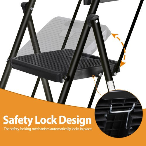 Segawe 3-Step Ladder w/ Tool Tray Portable Folding Wide Anti-Slip Step Stool Home Black