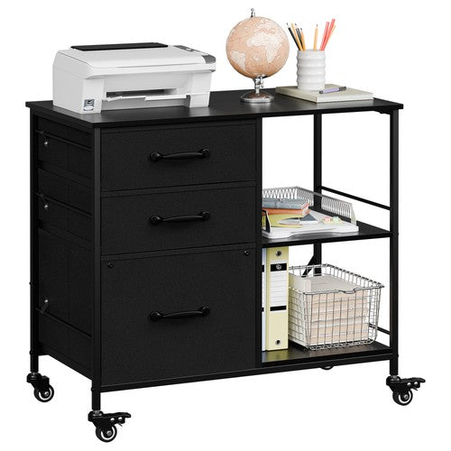 Segawe Black Mobile File Cabinet Lockable Filing Storage w/ 3 Drawers & Open Shelves