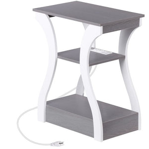 Segawe End Table with Storage Shelf and Charging Station for Living Room Gray+white