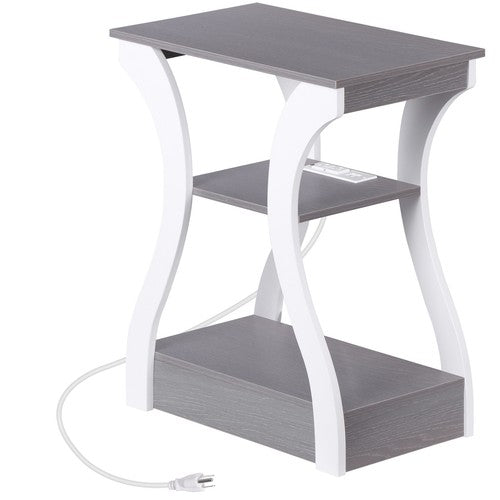 Segawe End Table with Storage Shelf and Charging Station for Living Room Gray+white