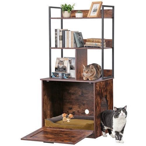 Segawe Wooden Cat Litter Box Enclosure with Shelves Cat House Washroom Cat Furniture