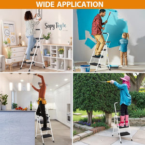 Segawe 3 Step Ladder with Tool Platform Folding Step Stool with Anti-Slip Pedal White