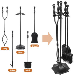 Segawe 5PCS Fireplace Tools Wrought Iron Large Fire Tool Set and Holder w/Black Handles