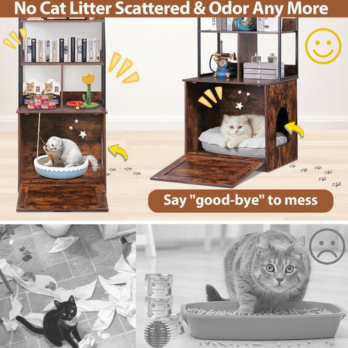Segawe Wooden Cat Litter Box Enclosure with Shelves Cat House Washroom Cat Furniture