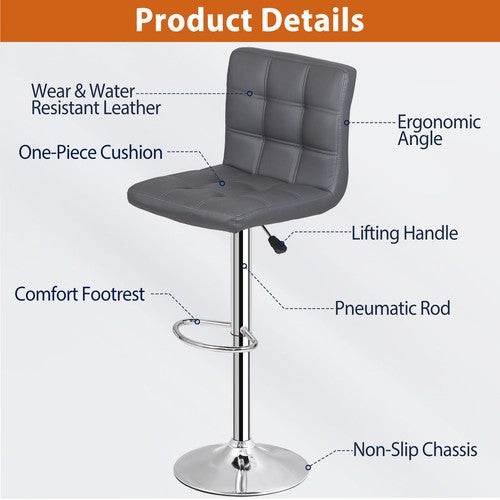 Segawe Set of 2 Adjustable Bar Stools PU Leather Modern Dinning Chair with Back Gray