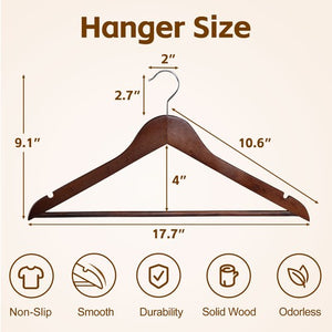 Segawe Premium Wooden Hangers 50 Pack Non-Slip Coat Clothes Hangers w/Swivel Hook Brown
