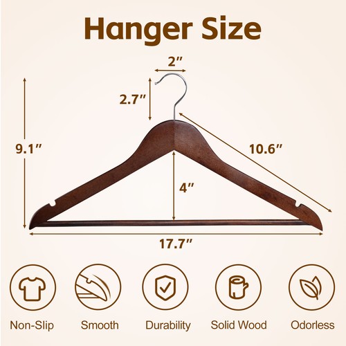 Segawe Premium Wooden Hangers 50 Pack Non-Slip Coat Clothes Hangers w/Swivel Hook Brown