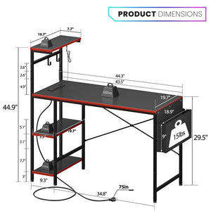 Segawe Gaming Desk with Power Outlet & LED Light 44 Inch Computer Office Desk with Hook
