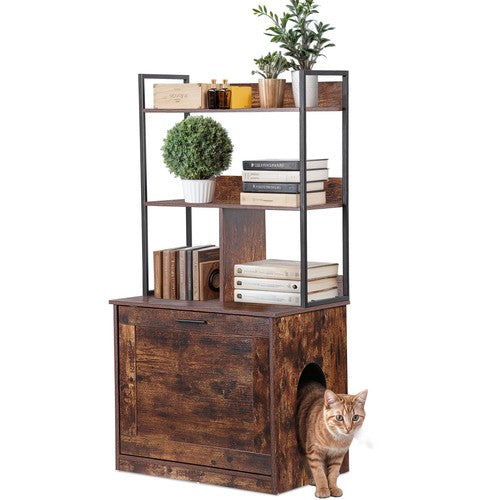 Segawe Wooden Cat Litter Box Enclosure with Shelves Cat House Washroom Cat Furniture
