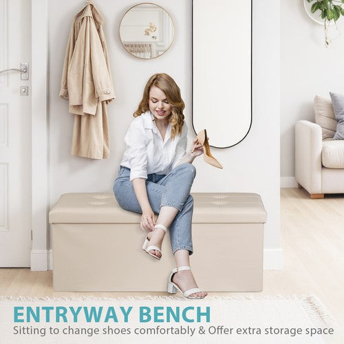 Segawe 43 Inches Folding Storage Ottoman Bench Storage Chest Footrest wi/ Divider Beige