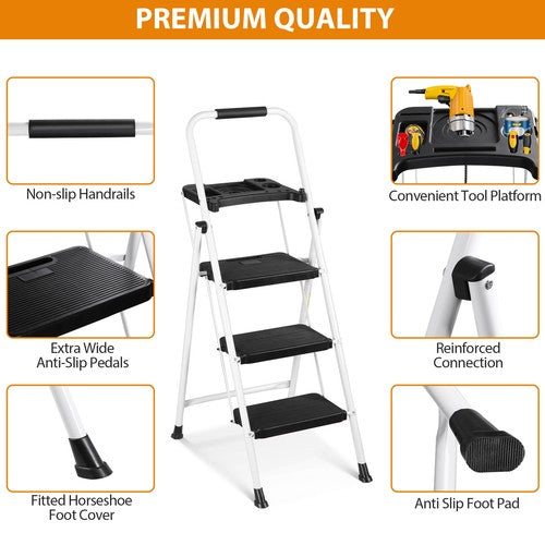 Segawe 3 Step Ladder with Tool Platform Folding Step Stool with Anti-Slip Pedal White