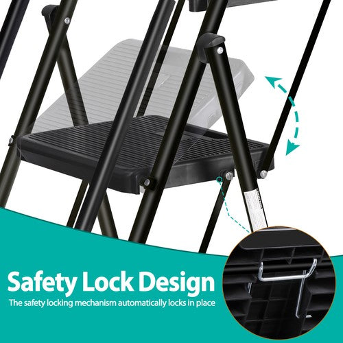 Segawe 5 Step Ladder w/ Handrails Folding Step Stool Anti-Slip Pedal w/Tool Tray Black