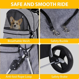 Segawe Foldable Carrier Strolling Cart 4 Wheel Pet Stroller for Dog w/ Cup Holder Gray