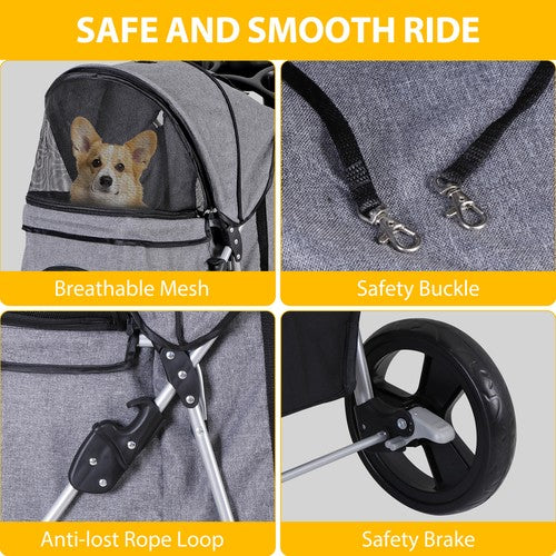 Segawe Foldable Carrier Strolling Cart 4 Wheel Pet Stroller for Dog w/ Cup Holder Gray