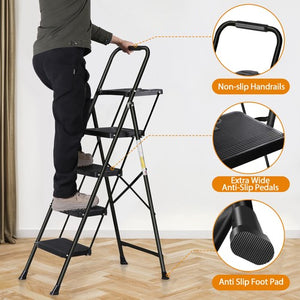 Segawe 4 Step Ladder with Tool Platform Anti-Slip Sturdy & Wide Pedal Stool 330lb Black