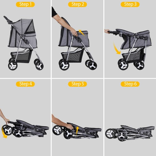 Segawe Foldable Carrier Strolling Cart 4 Wheel Pet Stroller for Dog w/ Cup Holder Gray